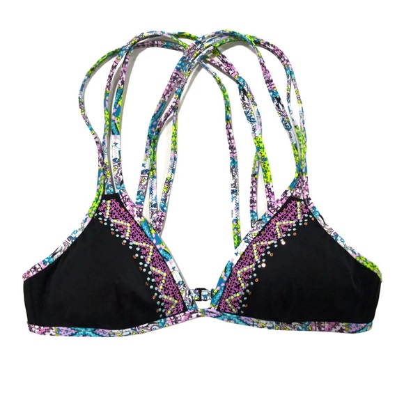 Victoria’s Secret Strappy Cross Back Black Embroidered Triangle Bikini Top - Picture 2 of 7